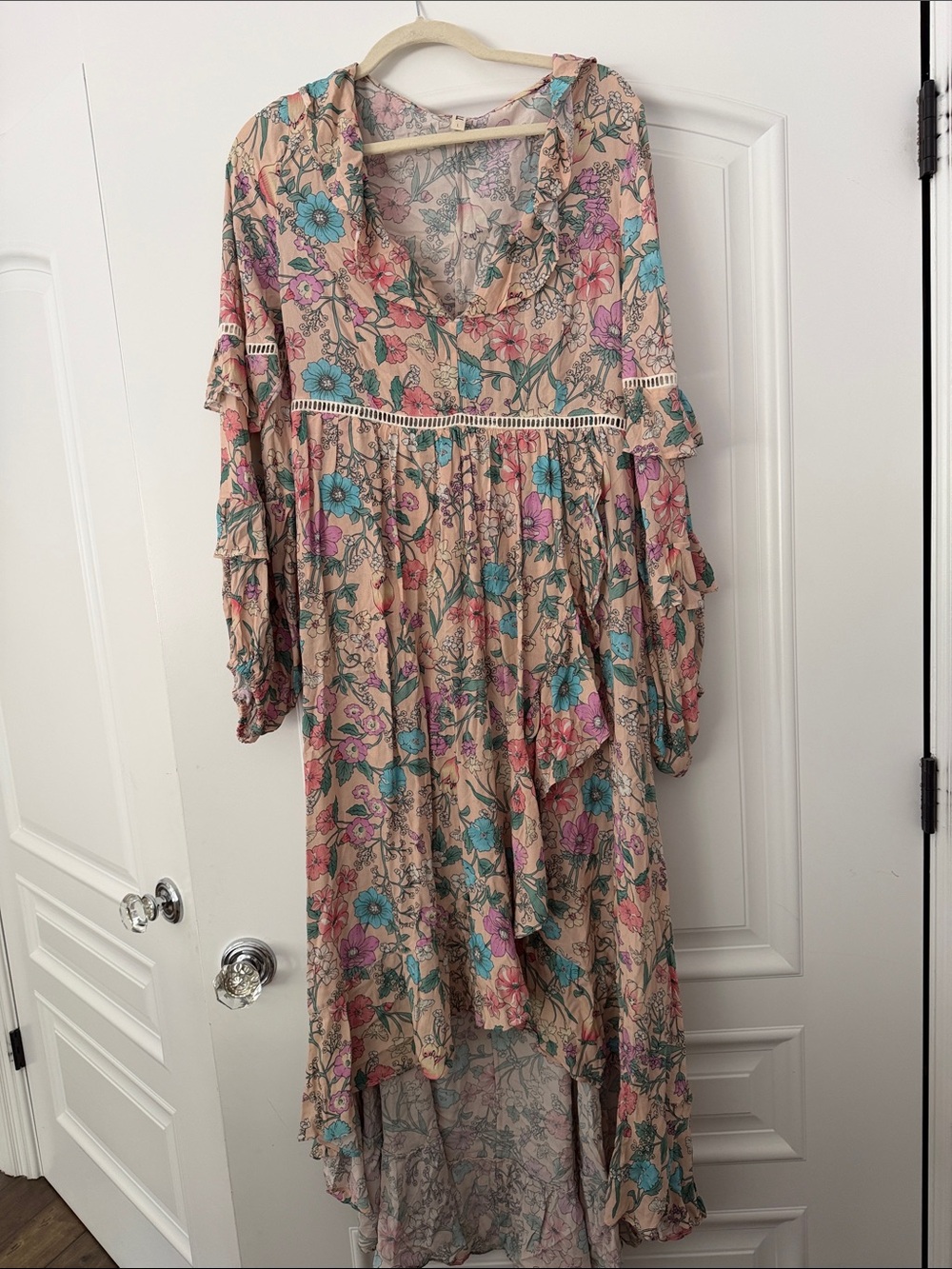 Spell Beige Floral High-Low Dress with Pink & Teal Flowers